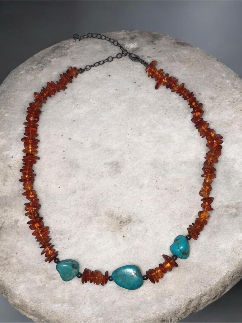 Amber & Turquoise Chunky Necklace with Sterling Silver Clasp